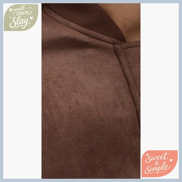 Faux Suede Bomber Jacket with Padded Shoulders and Snap Cuffs - Picture 6 of 6